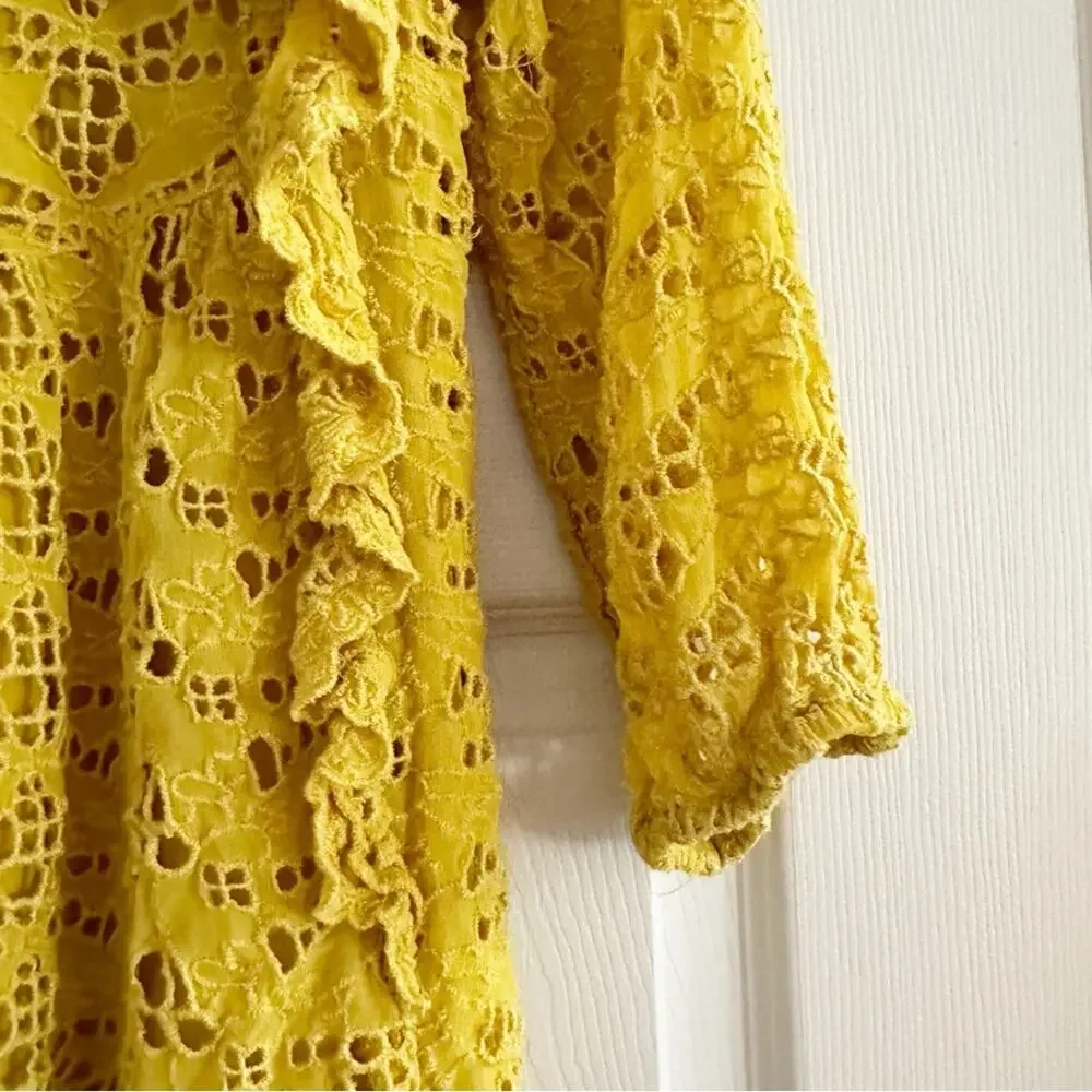 Anthropologie Yellow Clementine Blouse Eyelet Ruffle Puff Sleeve Top Shirt Sz 0